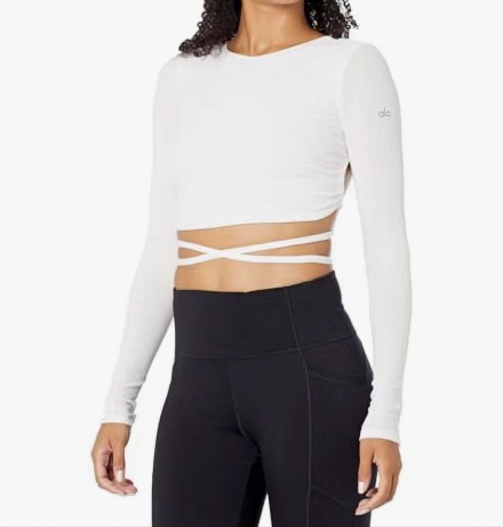 Alo Yoga Women's Ribbed Wrap It Up Long Sleeve White Size M